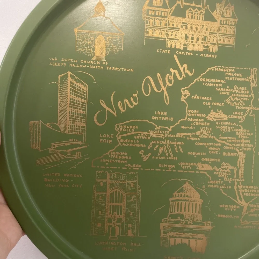 Vintage New York Metal Serving Tray Avocado Green & Gold Mid Century Modern 11